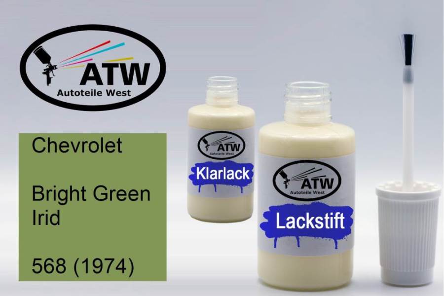 Chevrolet, Bright Green Irid, 568 (1974): 20ml Lackstift + 20ml Klarlack - Set, von ATW Autoteile West.